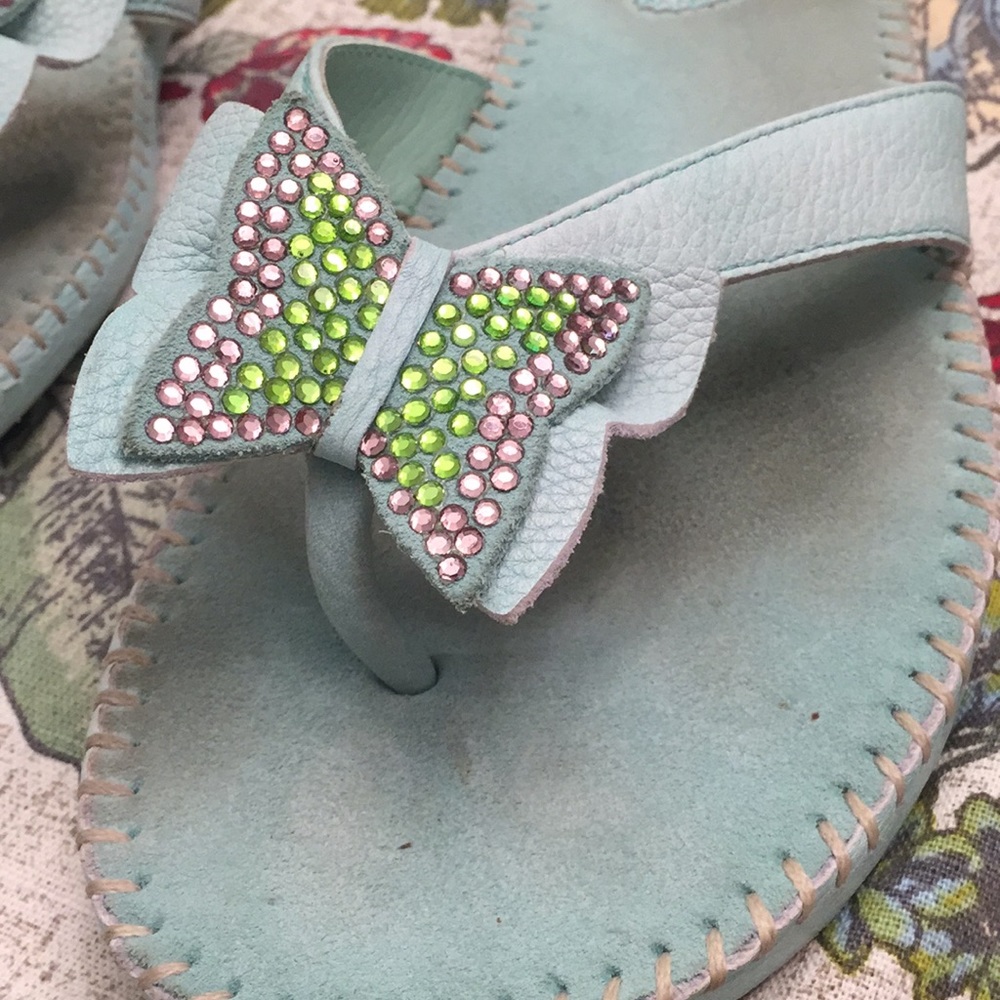 Mint Leather Rhinestone Butterfly Flip Flops